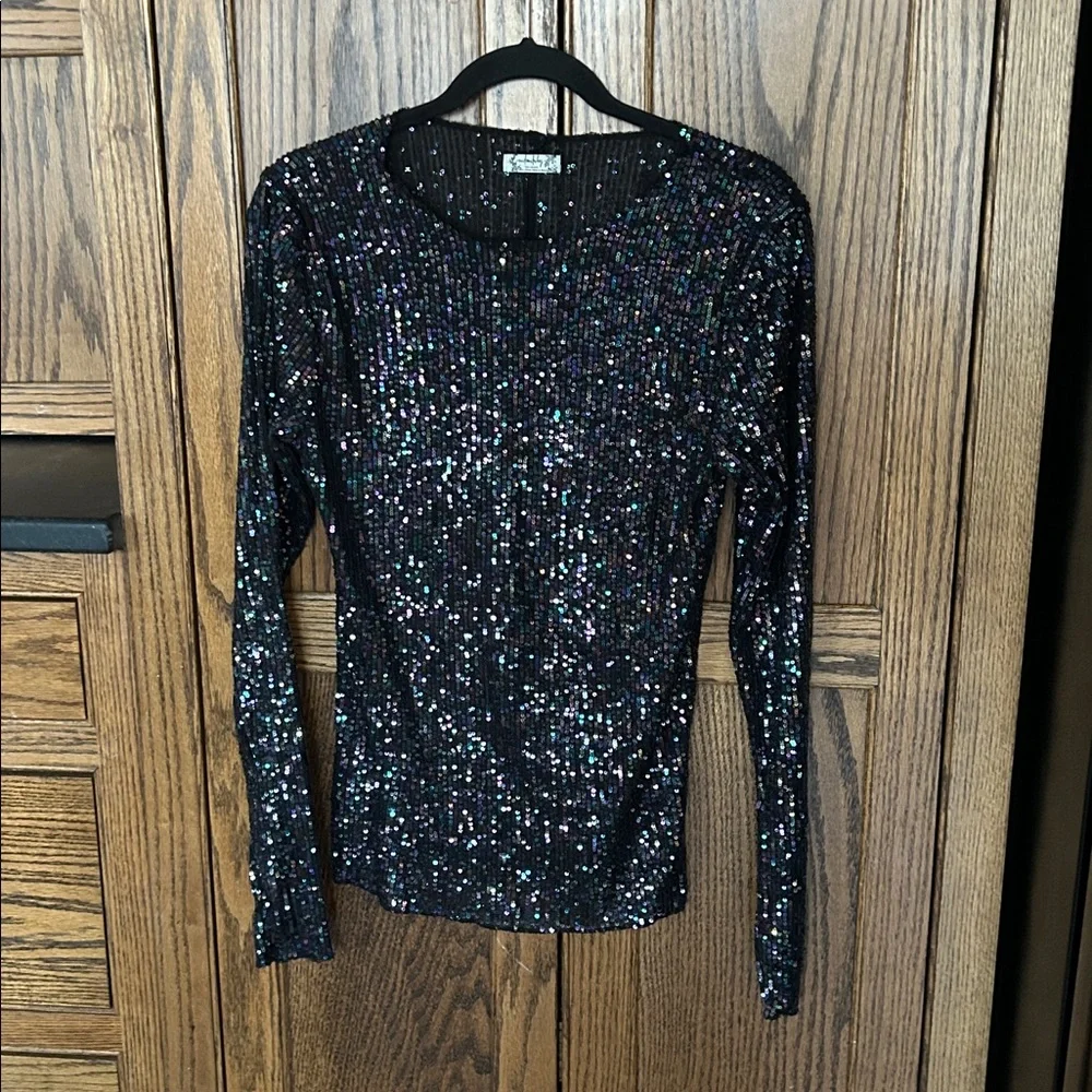 Intimately Free People Gold Rush Sequin Black Long Sleeve Tee Multi‎ Colored